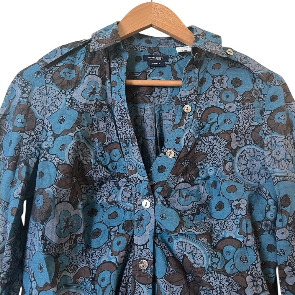 MISS SIXTY Retro Floral Button Front Dress – 100% Cotton -Blue & Brown - S View 3